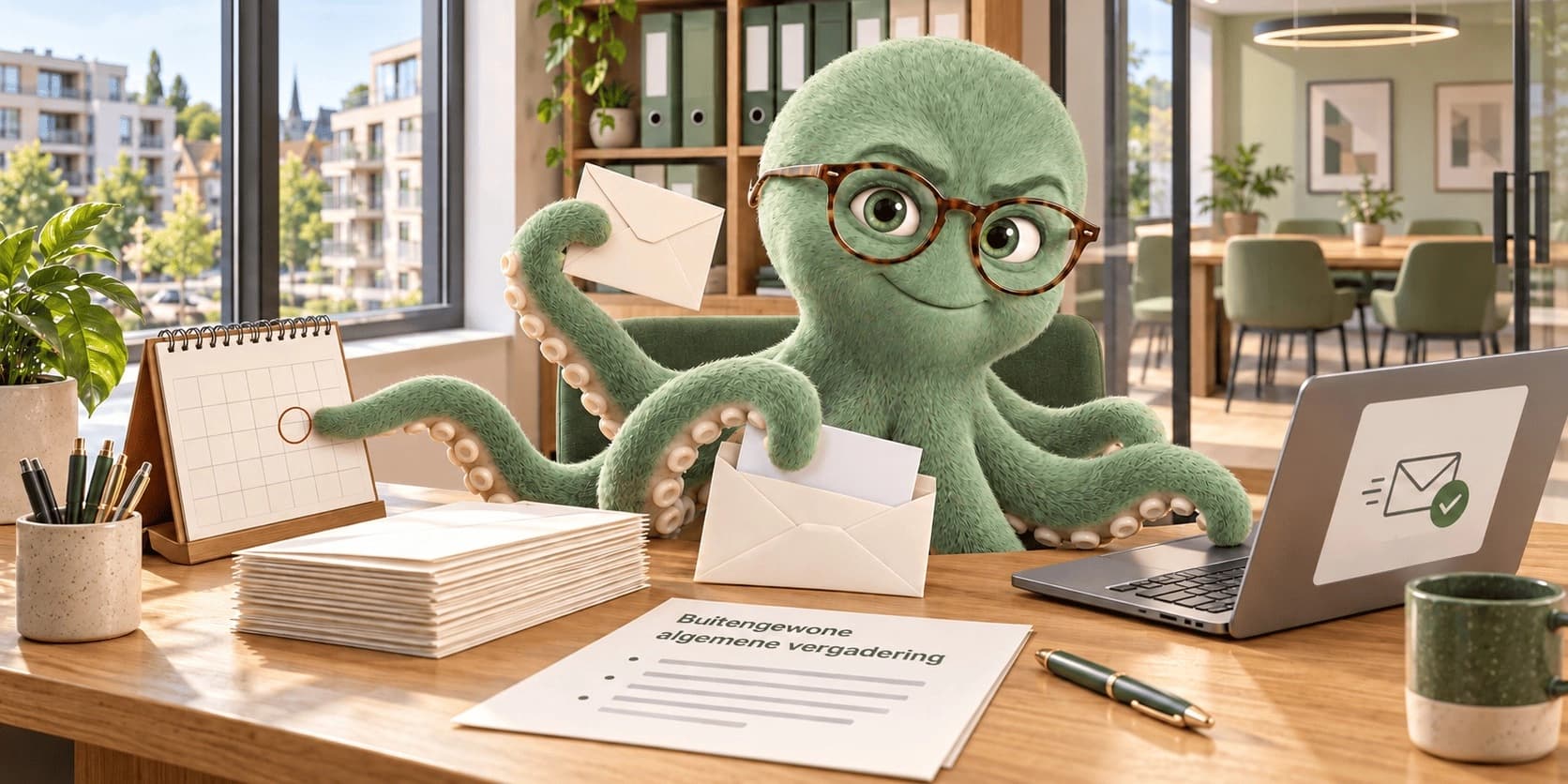 Illustratie van een bijzondere algemene vergadering van mede-eigenaars met agenda, quorum en geldige volmachten.