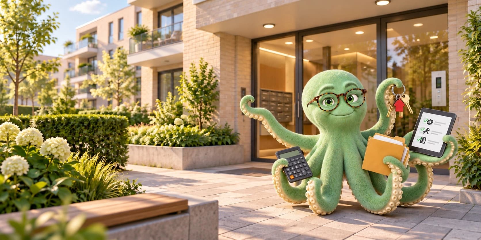 Illustratie van een syndicus die een appartementengebouw beheert met gemeenschappelijke delen.