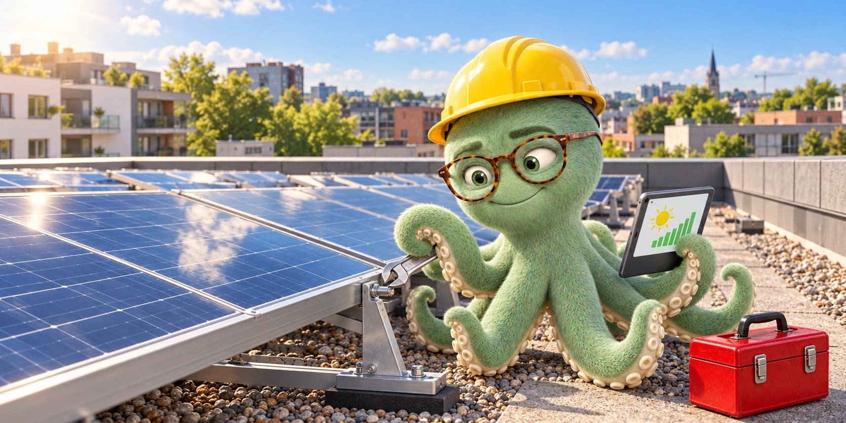 Zonnepanelen op het dak van een appartementsgebouw, met mede-eigenaars die tijdens algemene vergadering stemmen.