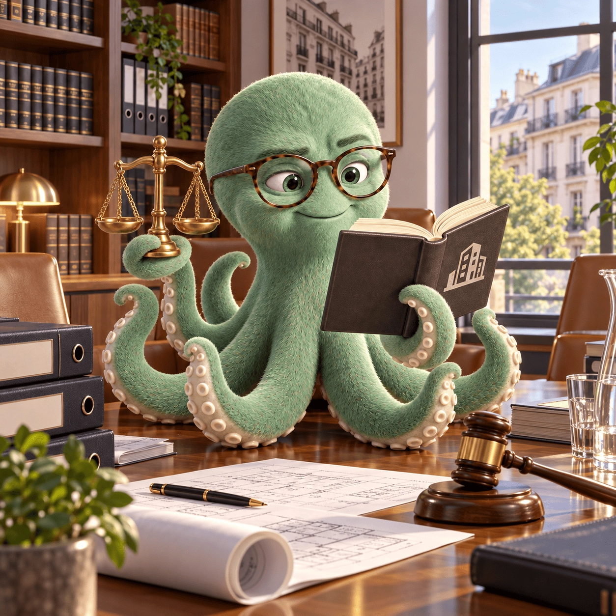 Eigenaar van een appartement: kent u uw rechten? Illustratie van appartementsgebouw met octopus met een wetsboek
